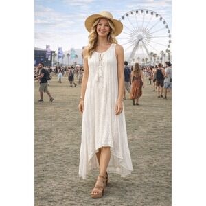 Ananda's Collection White Boho Lace Maxi Dress Tassel Tie Asym Hem Size M